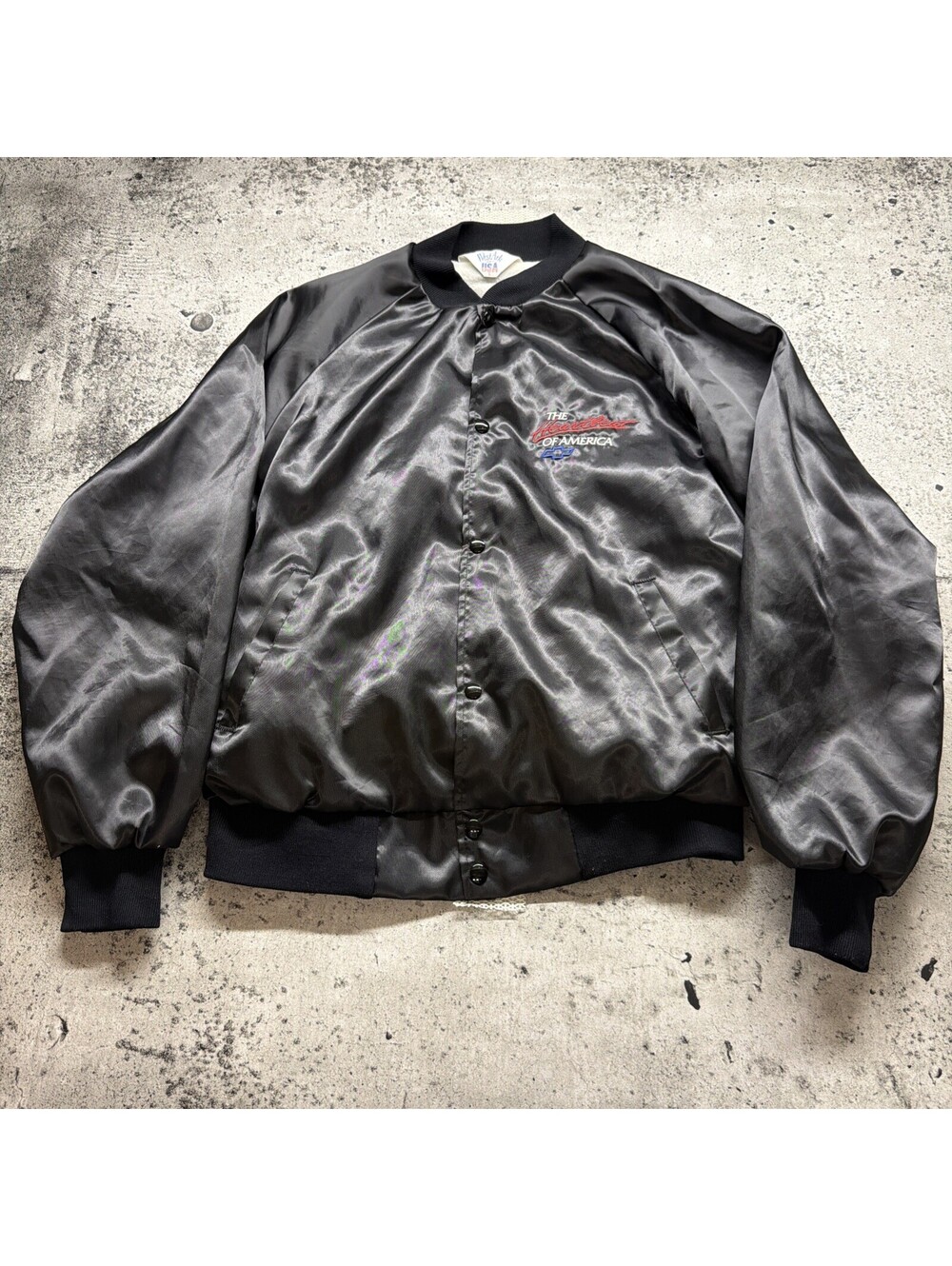 Vintage Chevrolet Jacket Mens XL Black Satin Chevy USA Bomber Heartbeat America